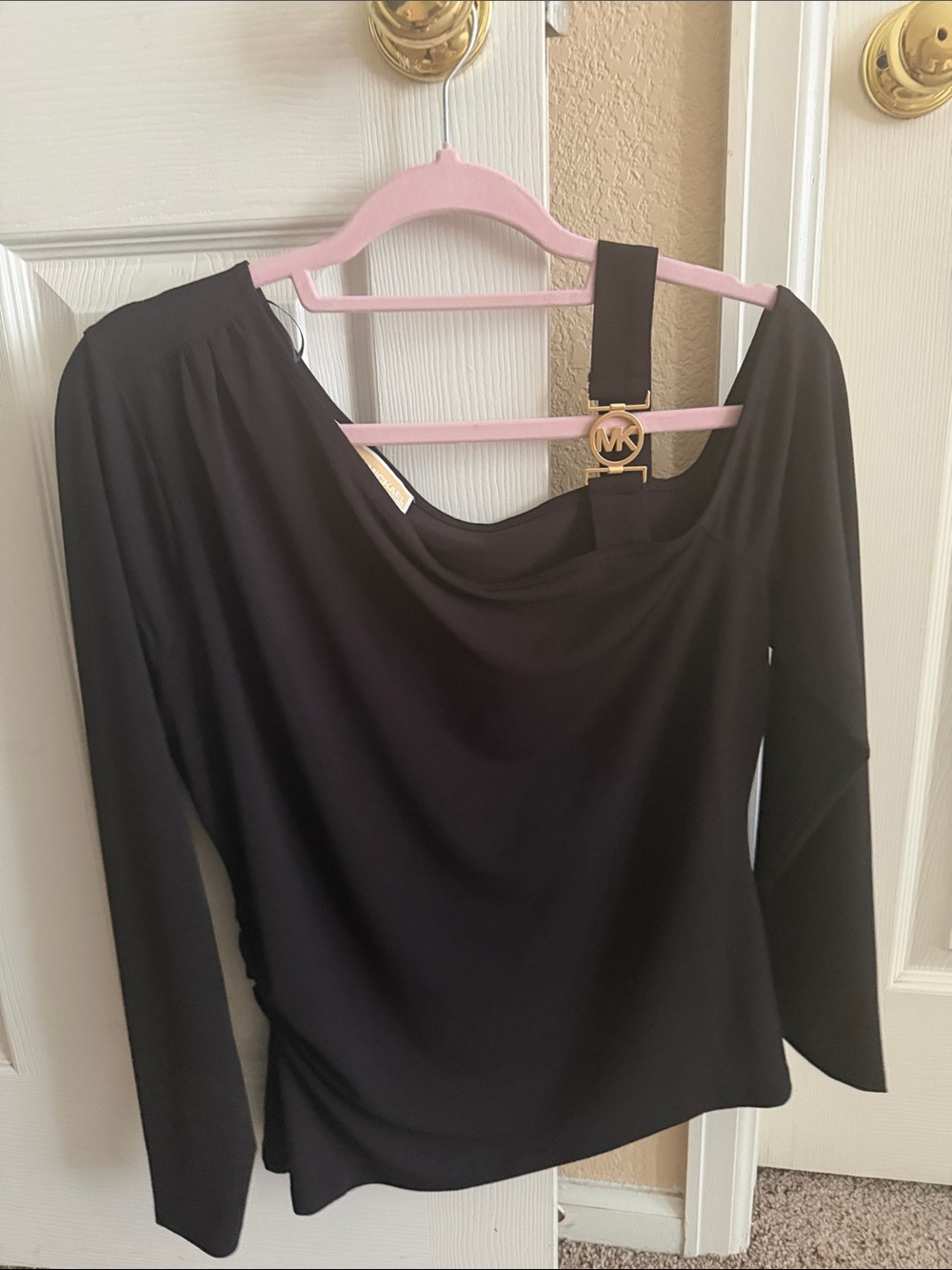 Michael Kors Black Long-Sleeve Draped Neck Top with Signature Hardware